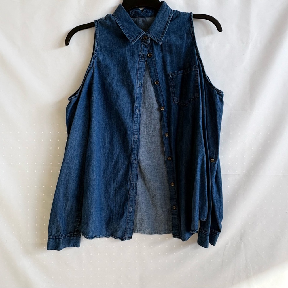 Noble U Los Angeles Blue Denim cold shoulder Button-Down Shirt Size 1X INV25/266